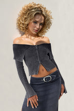 Load image into Gallery viewer, Double Take Ribbed Off-Shoulder Zip Up Long Sleeve Cardigan
