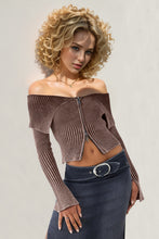 Load image into Gallery viewer, Double Take Ribbed Off-Shoulder Zip Up Long Sleeve Cardigan
