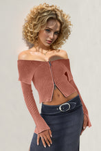 Load image into Gallery viewer, Double Take Ribbed Off-Shoulder Zip Up Long Sleeve Cardigan
