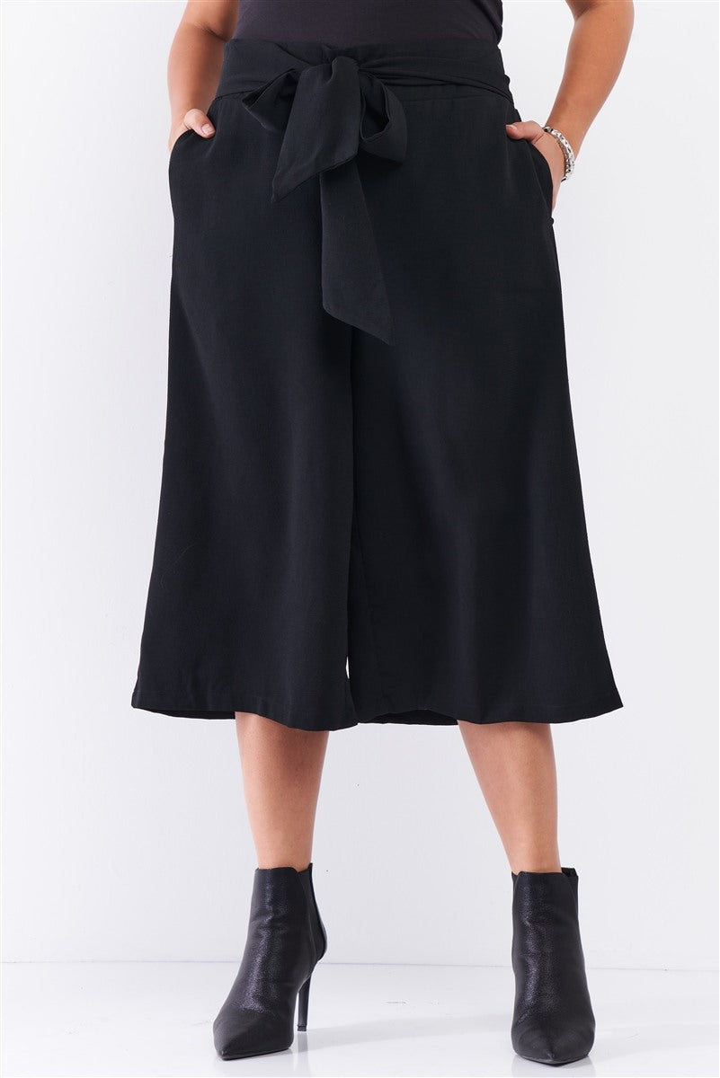 Curvy Black Self-Tie High Waist Wide Leg Midi Length Pants