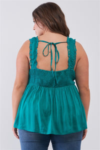 Lace Trim Sleeveless Gathered Front With Self-tie Drawstring Top