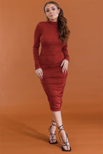 Load image into Gallery viewer, Brick Satin Effect Ruched Turtle Neck Open Back Midi Dress
