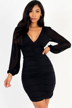 Load image into Gallery viewer, Ruched mesh long sleeve v-neck mini dress
